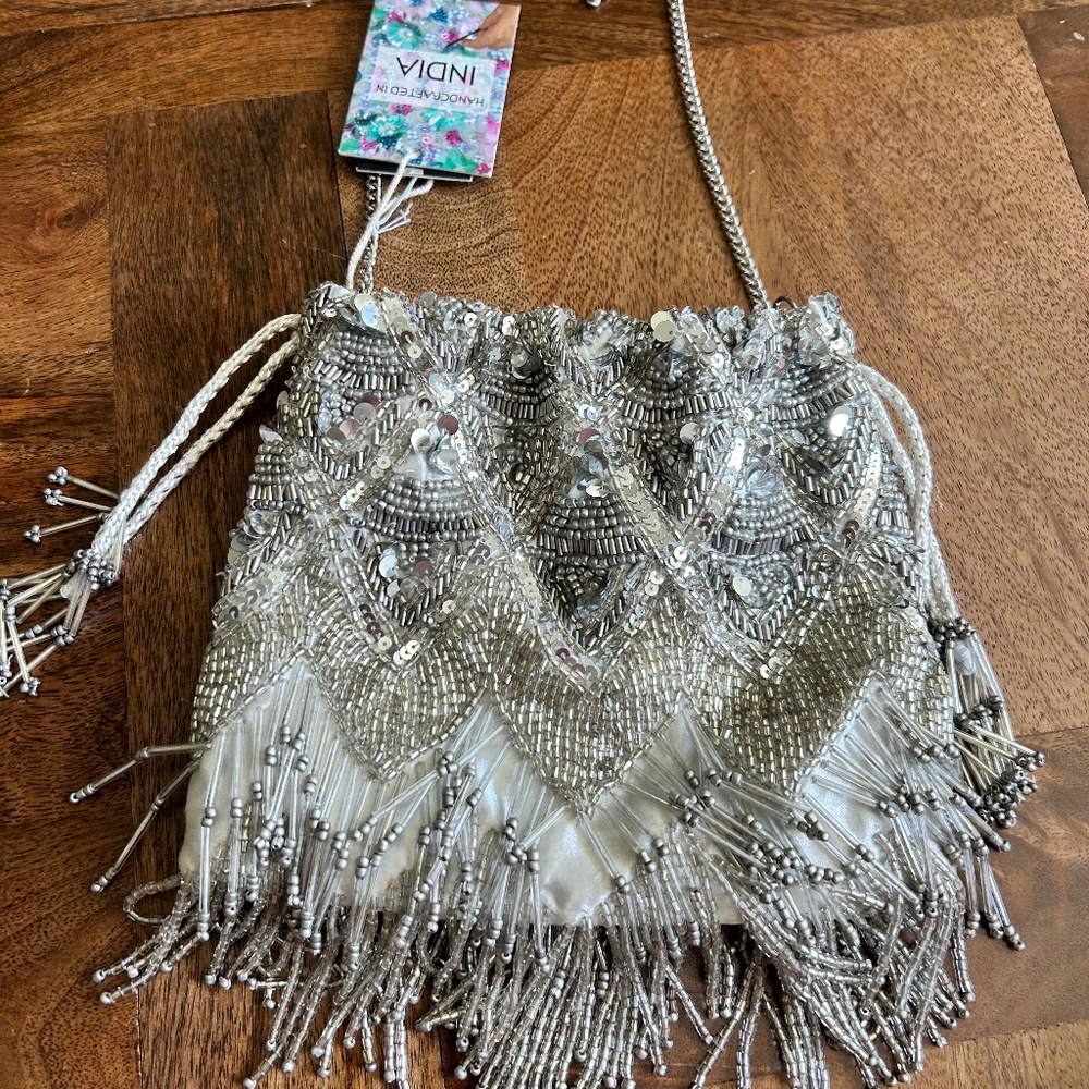 Silver Beaded Purse Draw String Made In India Boho Fringe
